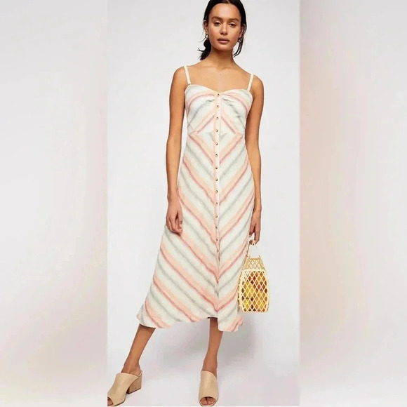 FREE PEOPLE Striking Striped Ivory Multi Midi Dress / No Size, fits like a XS / - Picture 1 of 10